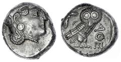 Altgriechische Münzen Attika Athen Tetradrachme 300/262 v. Chr. Athenakopf mit attischem Helm n.r./Eule n.r., links Olivenzweig. 17,15 g. Stempelstellung 9 h. sehr schön/vorzüglich, Kratzer, Avers etw
