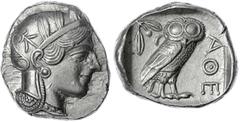 Altgriechische Münzen Attika Athen Tetradrachme nach 449 v. Chr. Athenakopf mit attischem Helm r./AOE Eule, dahinter Lorbeerzweig und Halbmond. Starr pl. XXII, 7. 17,18 g. Stempelstellung 4 h. vorzügl