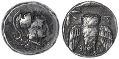Altgriechische Münzen Attika Athen Fantasie-Tetradrachme, wohl 19. Jh. Kopf der Athena mit korinthischem Helm r. (ähnlich den korinthischen Stateren)/Eule mit ausgebreiteten Flügeln v.v. (wie auf den 