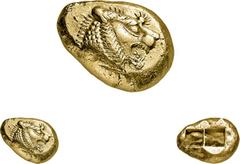 Lydia. Alyattes to Kroisos. Trite (Pale EL, 4.70g). Sardes, 610-546 bc. Head of roaring lion right, sun with multiple rays on forehead. Rev. Two square punches. Kayhan 1013. Weidauer 86-89. Broad flan
