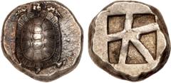 Greek Coins Islands off Attica, Aegina. Silver Stater (12.32 g), ca. 456/45-431 BC. Land tortoise with segmented shell. Reverse: Large square incuse with skew pattern. Meadows grp. Iiib; Milbank pl. I