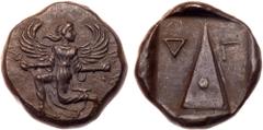 Greek Coins Caria, Kaunos. Silver Stater (11.82 g), ca. 410-390 BC. Winged female figure in kneeling-running stance left, head turned to look back, holding kerykeion and wreath. Reverse: Baetyl(?); ac