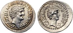 Roman Coins Mark Antony & Octavian. Silver Denarius (3.7 g), 41 BC. Ephesus. M. Barbatius Pollio, quaestor pro praetore. M ANT I(MP) (AV)G III VIR R P C M BARBAT Q P, bare head of Mark Antony right. R