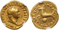 Roman Coins Titus. Gold Aureus (7.02 g), AD 79-81. Rome, AD 79. IMP TITVS CAES VESPASIAN AVG P M, laureate head of Titus right. Reverse: TR P VIIII IMP XIIII COS VII, Capricorn on globe left. RIC 4; C
