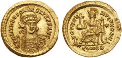 Roman Coins Theodosius II. Gold Solidus (4.47 g), AD 402-450. Constantinople, AD 430-440. D N THEODO-SIVS P F AVG, diademed, helmeted and cuirassed bust of Theodosius II facing slightly right, holding