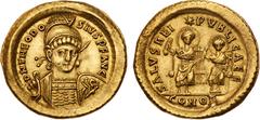 Roman Coins Theodosius II with Valentianian III Gold Solidus (4.47 g), AD 402-450. Constantinople, AD 425-429. D N THEODO-SIVS P F AVG, diademed, helmeted and cuirassed bust of Theodosius II facing sl