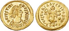 Byzantine Coins Justinian I. Gold Tremissis (1.49 g), 527-565. Constantinople. D N IVSTINIANVS P P AVG, diademed, draped and cuirassed bust of Justinian I right. Reverse: VICTORIA AVGVSTORVM, Victory 