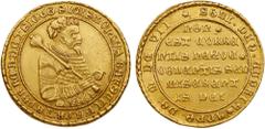World Coins Transylvania. Sigismund Rákóczi (1607-1608). Gold 10 Ducats, 1607. Kolozsvár (Klausenburg, Cluj-Napoca) mint. Armored half-figure right holding sword hilt and scepter over shoulder. Revers