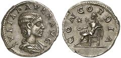 ROMAN COINS ROMAN EMPIRE JULIA PAULA, 1st wife of Elagabalus, 219-220 Denarius. AR 2.92 g. IVLIA PAVLA AVG Draped bust r. Rev. CONCORDIA Concordia seated l., wearing long robe and mantle, l. arm resti