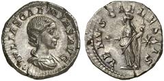 ROMAN COINS ROMAN EMPIRE JULIA SOAEMIAS, mother of Elagabalus, †222 Denarius. AR 3.43 g. IVLIA SOAEMIAS AVG Draped bust r. Rev. VENVS CAELESTIS Venus, wearing long dress and mantle, standing l., holdi