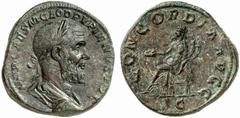 ROMAN COINS ROMAN EMPIRE PUPIENUS, 238 Sestertius. AE 20.49 g. IMP CAES M CLOD PVPIENVS AVG Laureate, draped and cuirassed bust r. Rev. CONCORDIA AVGG / SC Concordia, wearing long dress, seated l., ho