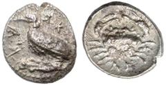 Ancient Coins Sicily, Akragas. Silver Litra (0.59 g), ca. 450-440 BC Eagle with closed wings standing left on Ionic capital. Reverse: Crab; below, ΛΙ. Westermark 455-488 (uncertain dies); SNG ANS 992.