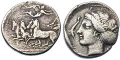 Ancient Coins Sicily, Syracuse. Dionysios I. Silver Hemidrachm (2.04 g), 405-367 BC Charioteer driving galloping quadriga left; above, Nike flying right, crowning charioteer. Reverse: [ΣYPAKOΣI]ΩN, he