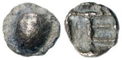 Ancient Coins Islands off Attica, Aegina. Silver Tetartemorion (0.16 g), ca. 456/45-431 BC Sea turtle. Reverse: Monogram of TE ( = tetartemorion) within incuse square. Milbank -; HGC 6, -; Nomos 29, 7