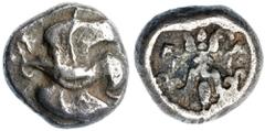 Ancient Coins Elis, Olympia. 78th-80th Olympiads. Silver Hemidrachm (2.99 g), 468-460 BC Eagle flying left. Reverse: F-A, winged thunderbolt with volutes above. BCD Olympia 11ff; HGC 5, 422. Toned. Ve