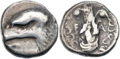 Ancient Coins Elis, Olympia. 94th Olympiad. Silver Stater (11.66 g), 404 BC Eagle's head left; below, white poplar leaf. Reverse: F-A, winged thunderbolt with volutes; all within olive-wreath. BCD Oly