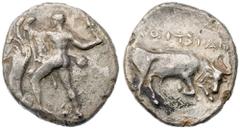 Ancient Coins Crete, Phaistos. Silver Stater (10.61 g), ca. 300-270 BC Herakles standing left, lion's skin draped over arm, striking at Hydra with club; between feet, crab. Reverse: ΦAIΣTΩN, bull stan