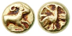 Ancient Coins Ionia, Uncertain mint. Electrum 1/12 Stater (1.05 g), 6th century BC. Forepart of a ram charging right. Reverse: Incuse punch. Linzalone -; Rosen -; SNG Copenhagen -. Unpublished. Very F