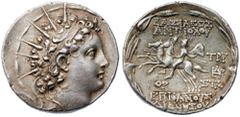 Ancient Coins Seleukid Kingdom. Antiochos VI Dionysos. Silver Tetradrachm (16.06 g), 144-142 BC Apamea on the Orontes, SE 170 (143/2 BC). Diademed and radiate head of Antiochos VI right. Reverse: ΒΑΣΙ