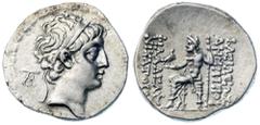 Ancient Coins Seleukid Kingdom. Demetrios II Nikator. Silver Drachm (3.83 g), first reign, 146-138 BC Seleukeia on the Tigris. Diademed head of Demetrios II right; behind, AYT monogram. Reverse: ΒΑΣΙΛ