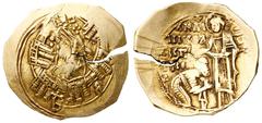 Ancient Coins Andronicus II. Gold Hyperpyron (4.13 g), 1282-1328 Constantinople, 1282-1294. Half-length figure of the Virgin, orans, within city walls with six towers. Reverse: Andronicus II bowing be