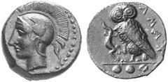 GREEK COINS SICILY CAMARINA No.: 45 Estimation: $ 280 Tetras, bronze, about 410-405. AE 3.17 g. Head of Athena l., wearing crested helmet with wing-shaped, raised cheekpiece. Rev. KAMA Owl standing l.