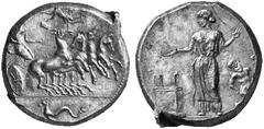 GREEK COINS SICILY HIMERA No.: 54 Estimation: $ 4000 Tetradrachm, signed work of the engraver Mai..., about 409-407. AR 17.22 g. The nymph Himera driving fast quadriga r.; she holds reins and kentron;