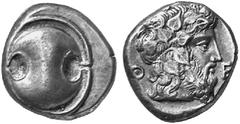 GREEK COINS BOEOTIA THEBES No.: 154 Estimation: $ 2200 Stater, about 440-380. AR 12.27 g. Boeotian shield. Rev. QE Bearded head of Dionysos r., crowned with ivy. BMC 74, 58. Traité pl. 200, 8. SNG Loc