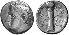 GREEK COINS CYRENAICA CYRENE No.: 286 Estimation: $ 600 Didrachm, about 300-280. AR 7.48 g. Head of Apollo Carneios l. with ram's horn. Rev. KU-RA Silphium plant with four axillary umbels, large termi