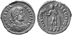 ROMAN COINS IMPERIAL COINAGE GRATIANUS, 367-383 No.: 411 Estimation: $ 600 Miliarense, Treveri, about 367-375. AR 4.31 g. DN GRATIA-NVS AVG Diademed, draped and cuirassed bust r. Rev. VIRTVS - EXERCIT