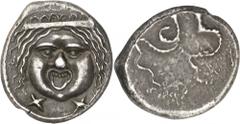 The Prospero Collection of Ancient Greek Coins. ITALY. Etruria , Populonia (after 211 B.C.), Silver 20 Asses, 8.26g. Head of gorgoneion facing, wearing a large diadem, mark of value X X below chin. Re