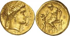 The Prospero Collection of Ancient Greek Coins. ITALY. Calabria , Tarentum (c.344-338 B.C.), Gold Stater, 8.56g,. Head of Hera facing to right, her curling hair held in a stephane decorated with palme