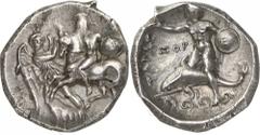 The Prospero Collection of Ancient Greek Coins. ITALY. Calabria , Tarentum (c.302-280 B.C.), Silver Stater, 7.95g,. Nike standing to left, turning the upper portion of her body to right and seizing th