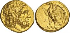 The Prospero Collection of Ancient Greek Coins. ITALY. Calabria , Tarentum (c.280 B.C.), Gold Stater, 8.53g,. Head of Zeus facing to right, wearing a laurel-wreath, his hair in curls, NK monogram behi