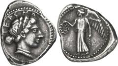 The Prospero Collection of Ancient Greek Coins. ITALY. Bruttium , Terina (c.460-440 B.C.), Silver Stater, 8.10g,. TEPSNA , head of the nymph Terina facing to right, her hair bound with a fillet tied t