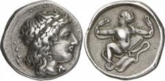 The Prospero Collection of Ancient Greek Coins. ITALY. Bruttium , The Bruttii (c.400-325 B.C.), Silver Stater, 7.59g,. KPO[TΩNIA]TAΣ , head of Apollo facing to right, his hair long and flowing, wearin