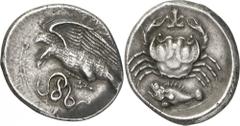 The Prospero Collection of Ancient Greek Coins. SICILY. Akragas (c.413-406 B.C.), Silver Didrachm, 8.66g,. AKPAΓANTINON (only partially visible), eagle standing to left, with its wings spread, attacki