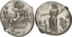 The Prospero Collection of Ancient Greek Coins. SICILY. Himera (c.409/8 B.C.), Silver Tetradrachm, 17.21g,. Signed by Mai.... The nymph Himera driving a galloping quadriga to right, holding the reins 