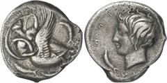The Prospero Collection of Ancient Greek Coins. SICILY. Kamarina (c.415-405 B.C.), Silver Didrachm, 7.86g,. KAM-A-[P-I]-N-[A] (retrograde), the nymph Kamarina riding on a swan swimming to left, three 