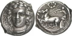 The Prospero Collection of Ancient Greek Coins. SICILY. Katane (c.415-404 B.C.), Silver Tetradrachm, 17.32g,. Obverse die signed by the artist Herakleidas. Head of Apollo facing, slightly inclined to 