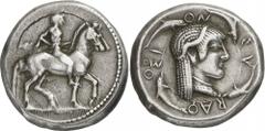 The Prospero Collection of Ancient Greek Coins. SICILY. Syracuse (Deinomenid Tyranny, 485-466 B.C.), Silver Didrachm, 8.68g,. Struck c.485-478 B.C. Naked rider on horse pacing to right, leading a seco