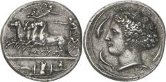 The Prospero Collection of Ancient Greek Coins. SICILY. Syracuse , Dionysios I (c.405-367 B.C.), Silver Dekadrachm, 42.70g,. Reverse die signed by the artist Kimon, struck c.405-400 B.C. Charioteer, w