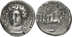 The Prospero Collection of Ancient Greek Coins. SICILY. Syracuse , Dionysios I (c.405-367 B.C.), Silver Tetradrachm, 16.51g,. Signed on the obverse by the artist Kimon, struck c.405-400 B.C. Head of A