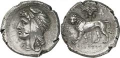 The Prospero Collection of Ancient Greek Coins. SICULO-PUNIC. Sicu lo-Punic (c.360 B.C.), Silver Tetradrachm, 17.28g,. Head of Queen Dido facing to left, wearing an Asiatic headdress, bound with a pal