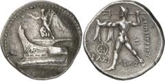 The Prospero Collection of Ancient Greek Coins. KINGDOM OF MACEDON. Demetrios Poliorketes (306-283 B.C.), Silver Tetradrachm, 16.97g,. Tarsos, struck c.298-295 B.C. Nike advancing to left in the prow 