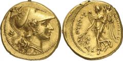 The Prospero Collection of Ancient Greek Coins. EPIRUS. Kingdom of Epirus , Pyrrhos (297-272 B.C.), Gold Stater, 8.55g,. Struck at Syracuse, 278 B.C. Head of Athena facing to right, wearing a Corinthi