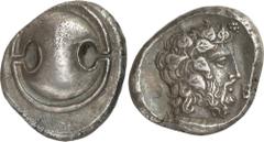 The Prospero Collection of Ancient Greek Coins. BOEOTIA. Thebes (c.425-395 B.C.), Silver Stater, 12.12g. Boeotian shield. Rev. Θ-E , bearded head of Dionysos facing to right, wearing an ivy-wreath, al