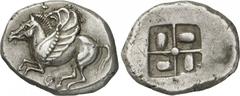 The Prospero Collection of Ancient Greek Coins. CORINTHIA. Corinth (c.550-500 B.C.), Silver Stater, 8.56g. Pegasos flying to left, koppa below. Rev. Quadripartite incuse square with swastika pattern (