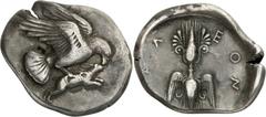 The Prospero Collection of Ancient Greek Coins. THE PELOPONNESE. Elis, Olympia (c.432-420s B.C.), Silver Stater, 11.75g,. Eagle flying to right, with its wings spread above its body, grasping a hare b