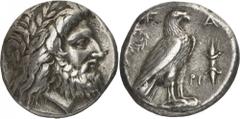 The Prospero Collection of Ancient Greek Coins. THE PELOPONNESE. Elis, Olympia (c.280-260 B.C.), Silver Stater, 12.11g,. Head of Zeus facing to right, wearing a laurel-wreath. Rev. F-A / A-PI , eagle,